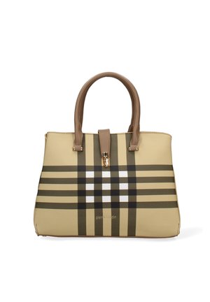 Sac à main beige avec un motif à carreaux marron et blanc. Il possède deux poignées marron et un détail de fermoir doré en haut. Texture lisse.