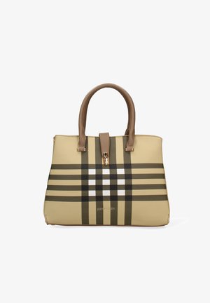 Tan handtas met een geruit patroon in bruin en wit. Voorzien van twee bruine handvatten en een goudkleurige sluiting bovenaan. Gladde textuur.