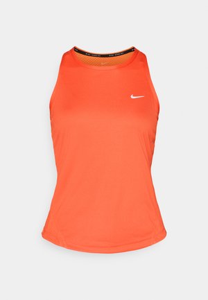 Débardeur de sport orange, sans manches, en tissu lisse, encolure arrondie, petit logo blanc sur la poitrine, coutures latérales pour un ajustement optimal.
