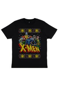 Černé bavlněné tričko s postavami X-Men v barevném, pixelovém designu se sněhovými vločkami a výrazným červeno-žlutým textem "X-MEN".