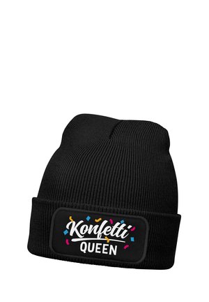 Black knit beanie with cuff patch displaying the text "Konfetti Queen" surrounded by colorful confetti shapes.