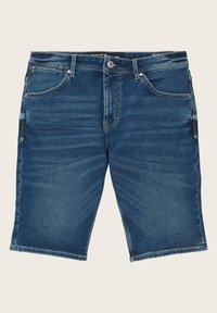 Tummansinisiä farkkushortsit, joissa on viisi taskua, nappikiinnitys ja suoralahkeisuus; sileä pinta, jossa on kevyet kulutuspinnat.