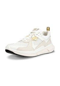 Weiß-beige Sneaker aus Mesh und synthetischem Material. Verfügt über goldene Akzente, Schnürdesign und eine gepolsterte Sohle mit schwarzem Profil.