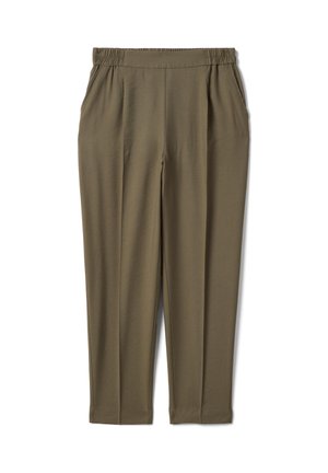 Pantalones pitillo verde oliva con cinturilla elástica y bolsillos laterales, estilo informal, hasta el tobillo, tela resistente a las arrugas.