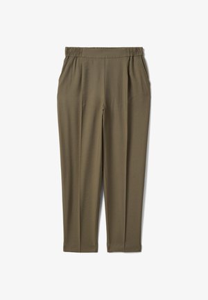 Olivgrüne, schmal zulaufende Hose mit elastischem Bund und Seitentaschen, lässiger Stil, knöchellang, knitterbeständiges Material.