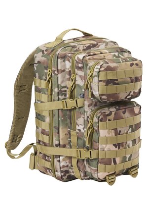 Camouflage backpack with multiple zippered pockets, tan accents, and adjustable straps. Made of durable material with a textured finish.