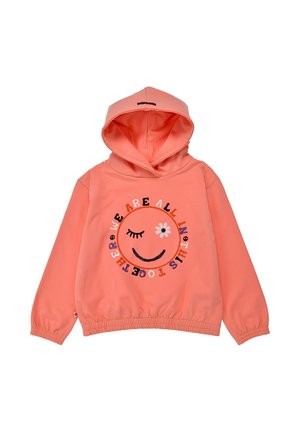 Korallefarbene Kapuzenjacke mit Kordelzug, elastischen Bündchen und Saum. Verfügt über ein lächelndes Gesichtsgrafik mit Text und Blumenakzenten. Weicher Stoff.