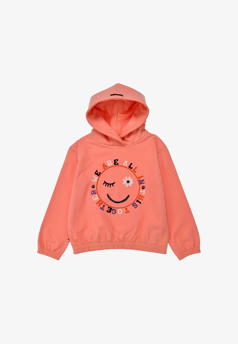 Korallefarbene Kapuzenjacke mit Kordelzug, elastischen Bündchen und Saum. Verfügt über ein lächelndes Gesichtsgrafik mit Text und Blumenakzenten. Weicher Stoff.