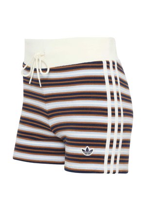 Shorts rayés marron, marine et blanc avec taille à cordon blanc et logo Adidas, avec trois bandes blanches latérales.