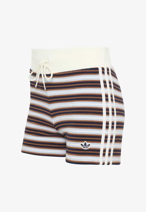 Shorts rayés marron, marine et blanc avec taille à cordon blanc et logo Adidas, avec trois bandes blanches latérales.