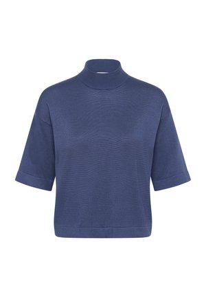 Navy blue short-sleeve turtleneck top, made of soft knit material, featuring a relaxed fit, ribbed neck, and smooth texture.