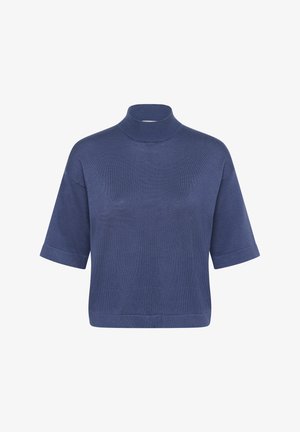 Top de cuello alto de manga corta en azul marino, hecho de un material de punto suave, con un ajuste holgado, cuello acanalado y textura suave.