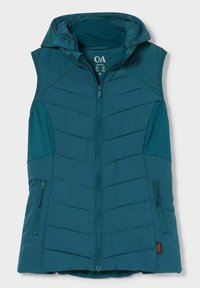 Turkoosi hupullinen toppaliivi, jossa on etukappaleen vetoketju, sivutaskut ja pystysuuntainen tikattu kuvio vartalossa.