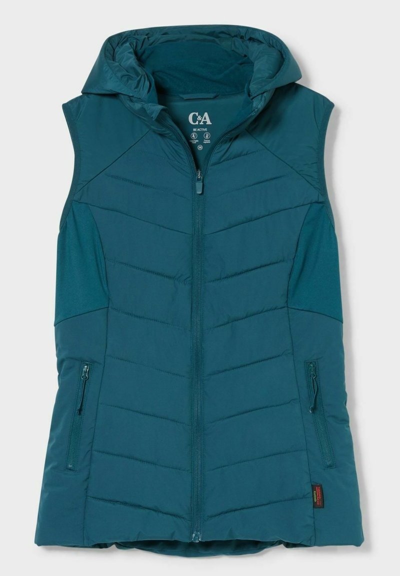 Turkoosi hupullinen toppaliivi, jossa on etukappaleen vetoketju, sivutaskut ja pystysuuntainen tikattu kuvio vartalossa.