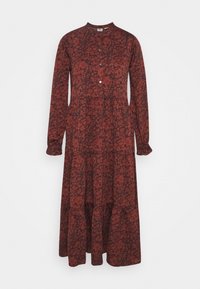 Dlouhé rukávy, vínová šaty s květinovým vzorem, knoflíkovými detaily, vysokým límcem a vrstvenou sukni. Vyrobeno z měkké látky.