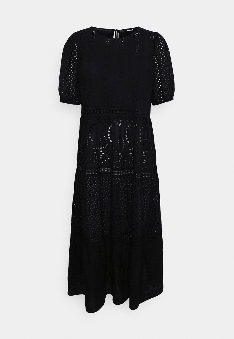 Robe noire en tissu tissé avec des détails en œillet. Elle présente des manches bouffantes, un col rond et un design superposé.