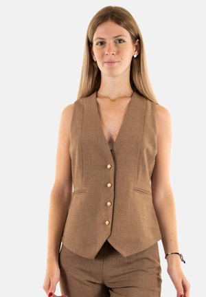 Gilet marrone senza maniche con colletto a revers, cinque bottoni dorati e due tasche frontali; realizzato in un tessuto strutturato.