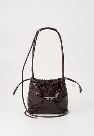 Dark brown shiny leather shoulder bag with gathered top and thin adjustable strap, featuring a small silver-tone clasp detail on front.