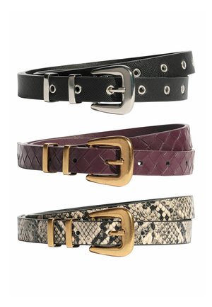 Three belts: a black textured belt with silver hardware, a braided burgundy belt with gold hardware, and a patterned snake-print belt with gold accents.