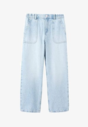 Svijetloplave široke traperice s visokim strukom, s dvije prednje džepa, zatvaranjem na kopču i vidljivim šavovima.