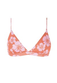 Top de bikini triangular en coral con un patrón floral rosa, que presenta finas tiras ajustables y un acabado texturizado.