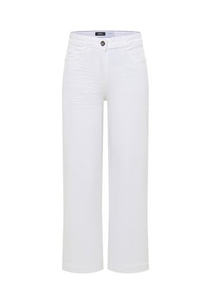 Jean blanc pour femmes, court et coupe droite, avec fermeture par bouton et fermeture éclair, poches à l'avant et à l'arrière, et étiquette de marque à l'intérieur de la ceinture.