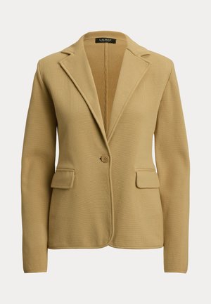 Bež sako s jednim gumbom, reverima s urezom i dva džepa s preklopom, krojena linija, izrađeno od pletenog tkanja.