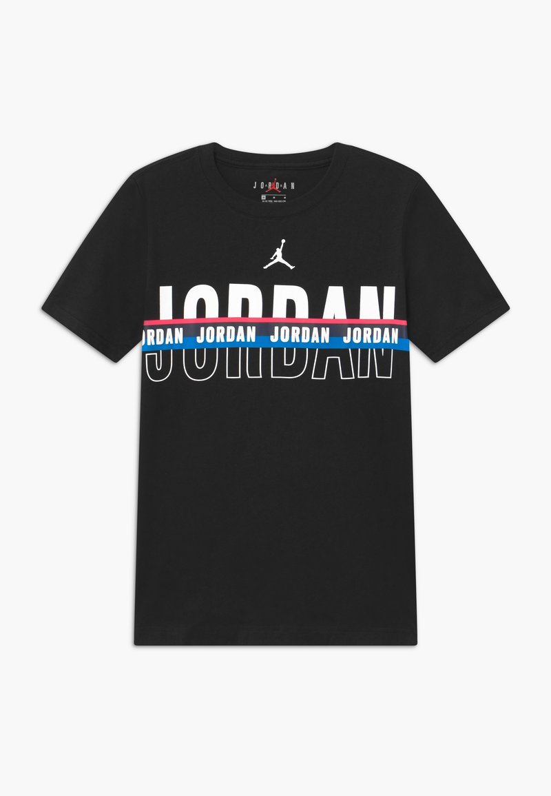 Black cotton t-shirt featuring large "JORDAN" text in white, flanked by blue and pink stripes. Includes a Jumpman logo above the text.