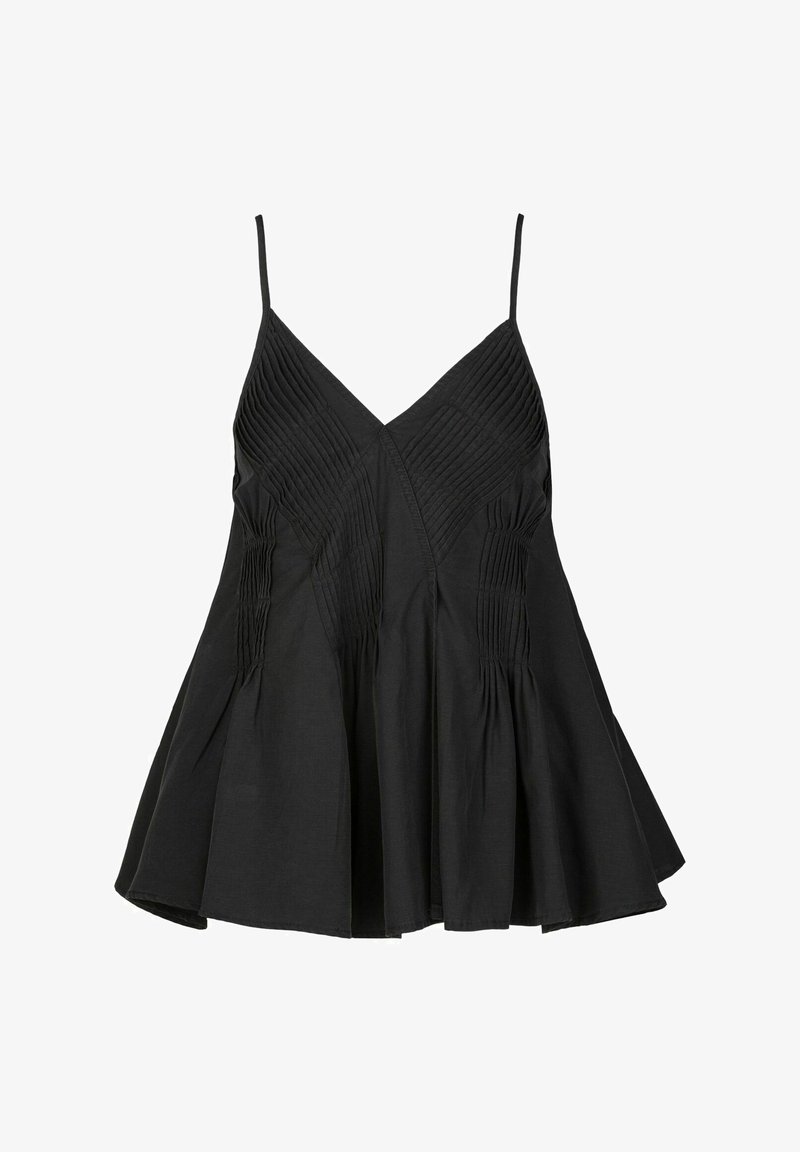 Zwarte mouwloze top met een V-hals, voorzien van verticale plooien op het lijfje en een uitlopende zoom. Gemaakt van lichte stof.