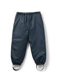 Pantalones impermeables de color azul marino con cintura elástica, puños fruncidos y correas en los tobillos para un ajuste seguro. Textura lisa y brillante.