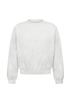 Hellgraues Sweatshirt mit Rundhalsausschnitt, elastischen Bündchen und gerafftem Bund, gefertigt aus einem weichen, strukturierten Stoff.