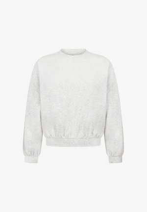 Sweat-shirt gris clair avec un col rond, des poignets élastiques et une ceinture froncée, fabriqué à partir d'un tissu doux et texturé.