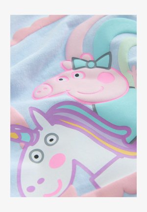 Pamutanyag, amelyen egy malac és egy egyszarvú grafika látható. A színek közé tartozik a rózsaszín, kék és lila, rajzfilmszerű arcvonásokkal és egy masnival.