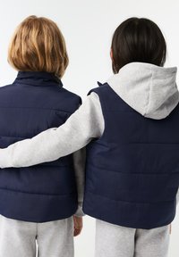 Gilet piumino blu navy indossati sopra felpe grigie con cappuccio, caratterizzati da una trama trapuntata e un alto colletto, con due persone che stanno in piedi vicine.