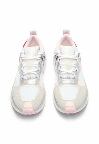White and pink athletic shoes with mesh and suede materials, featuring silver accents, textured detailing, and flat laces.