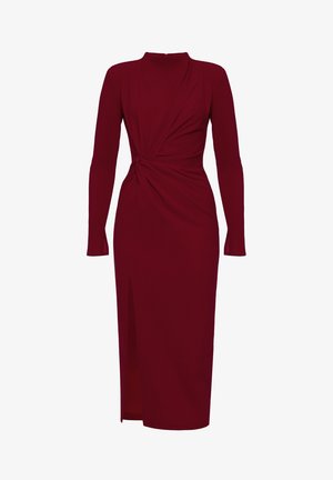 Bordowa sukienka midi z długim rękawem, z bocznym rozcięciem i marszczonym detalem skrętu w talii, dopasowana sylwetka.