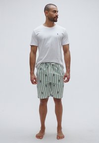 Λευκό κοντομάνικο t-shirt σε συνδυασμό με πράσινα ριγέ σορτς με πολύχρωμα σχέδια. Τα σορτς διαθέτουν ρυθμιζόμενη μέση.