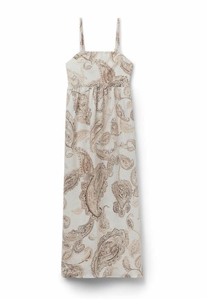 Robe maxi blanche sans manches avec fines bretelles et un motif cachemire beige sur toute la robe.