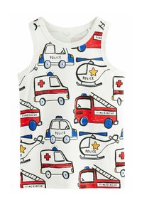 Weißes Tanktop mit bunten Druckmustern von Polizeiautos, Feuerwehrautos, Krankenwagen und Hubschraubern in Rot, Blau und Gelb.