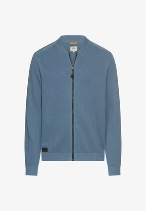 Light blue zip-up cardigan made from textured knit material, featuring a round collar, ribbed cuffs, and a branded patch at the hem.