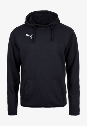 Sweat à capuche bleu marine en mélange de coton, avec une poche kangourou, une capuche à cordon de serrage, et le logo Puma blanc sur la poitrine.