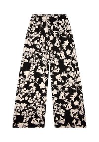 Wide-leg trousers with a black background and white floral print. Features an elastic waistband and pleated design for a flowy fit.