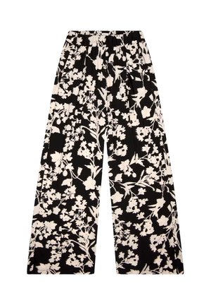 Wide-leg trousers with a black background and white floral print. Features an elastic waistband and pleated design for a flowy fit.