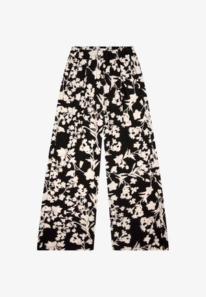 Wide-leg trousers with a black background and white floral print. Features an elastic waistband and pleated design for a flowy fit.