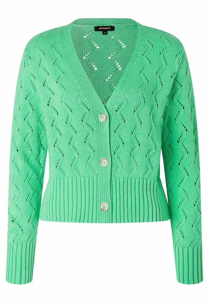 Cardigan lavorato a maglia verde menta con motivo ad openwork a zigzag, maniche lunghe, orlo e polsini a coste, e tre bottoni bianchi frontali.