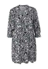Schwarz-weißer gemusterter Kleid mit rosa Akzenten, langen Ärmeln, Knopfverschluss und geraffter Taille für eine lässige Passform.