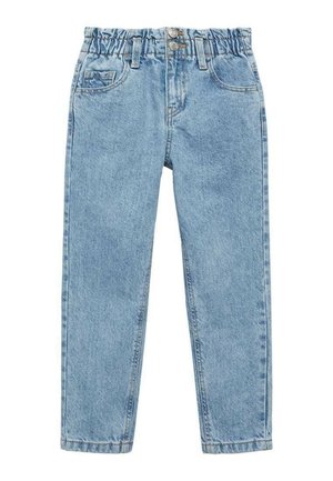 Jean en denim bleu clair avec taille élastique froncée, double boutons argentés, poches avant et coupe droite.