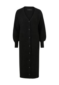 Zwarte lange cardigan van gestructureerde brei, met een V-hals, lange puffmouwen en zes bijpassende knopen aan de voorkant.