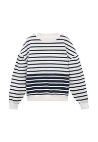 Felpa a righe blu navy e bianca con scollatura tonda, maniche lunghe a sbuffo e orlo e polsini a costine, realizzata in morbido tessuto a maglia.