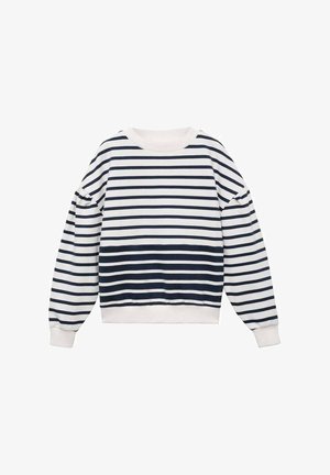 Navy en witte gestreepte sweatshirt met een ronde halslijn, lange pofmouwen en geribbelde zoom en mouwen, gemaakt van zachte gebreide stof.